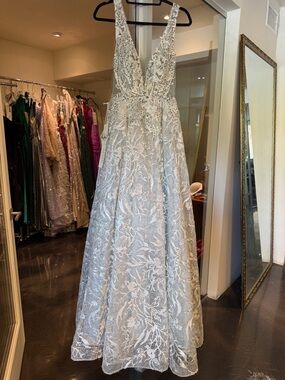 Pol Atteu Designer Evening Gown Size 10 Light Blue Silver Beaded Formal Dress